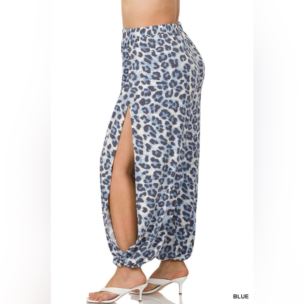 Zenana Split Side Harem Loose Fit Sexy Summer pants, 1X,2X,3X, Blue Leopard